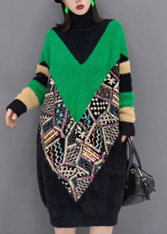 Stylish Jackets Classy Black Turtle Neck print thick Mink velvet Dresses Spring