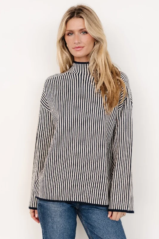 Classic Comfort Kat Mock Neck Sweater | Navy Stripe