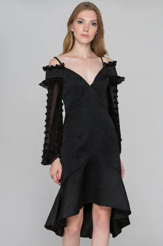 Easy Wear Chic Black Swan Sheer Puff Sleeve Midi Dress