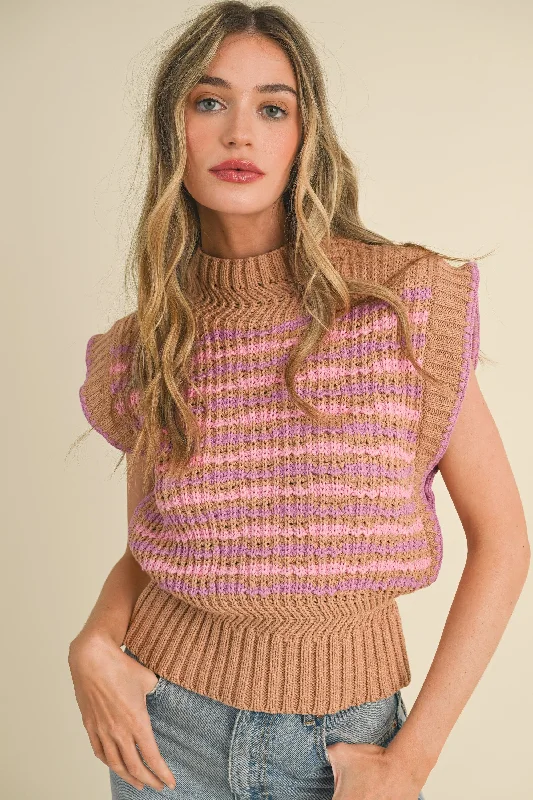 Simple Looks Camel Lavender Multi Contrast Stitch Mock Neck Sweater Vest
