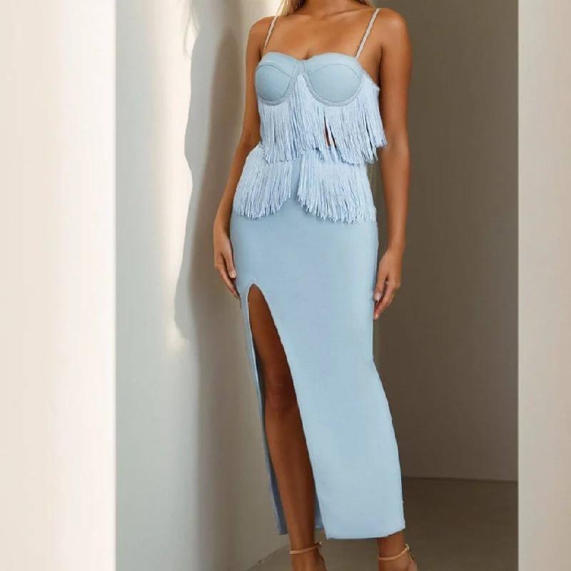 Comfortable Jeans Norah Fringe Trim Split Thigh Bustier Cami Midi Dress