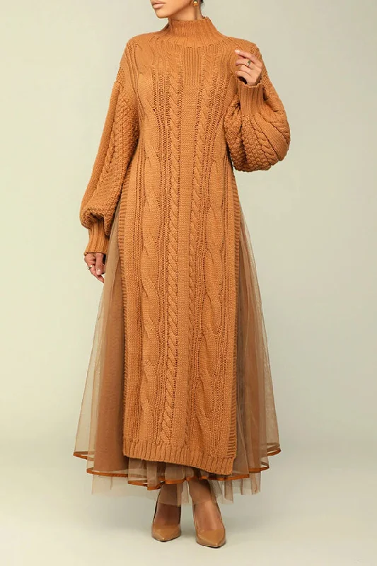 Simple Looks Stylish Cable Knit Mesh Detail Dress