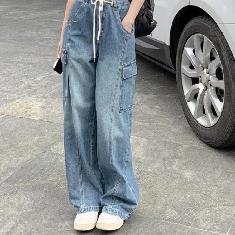 All-Day Outfits American High Street Drawstring Elastic Waist Jeans Women