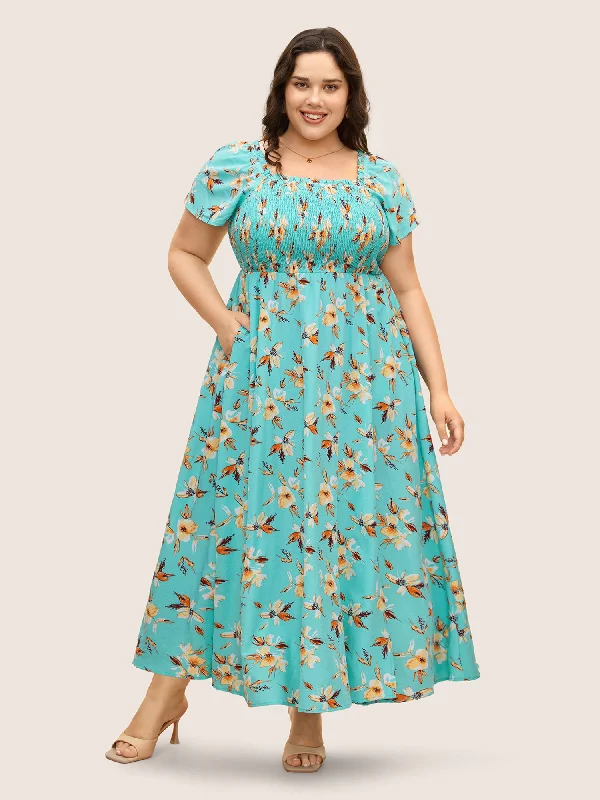 Soft Comfort Floral Shirred Elastic Waist Split Hem Dress