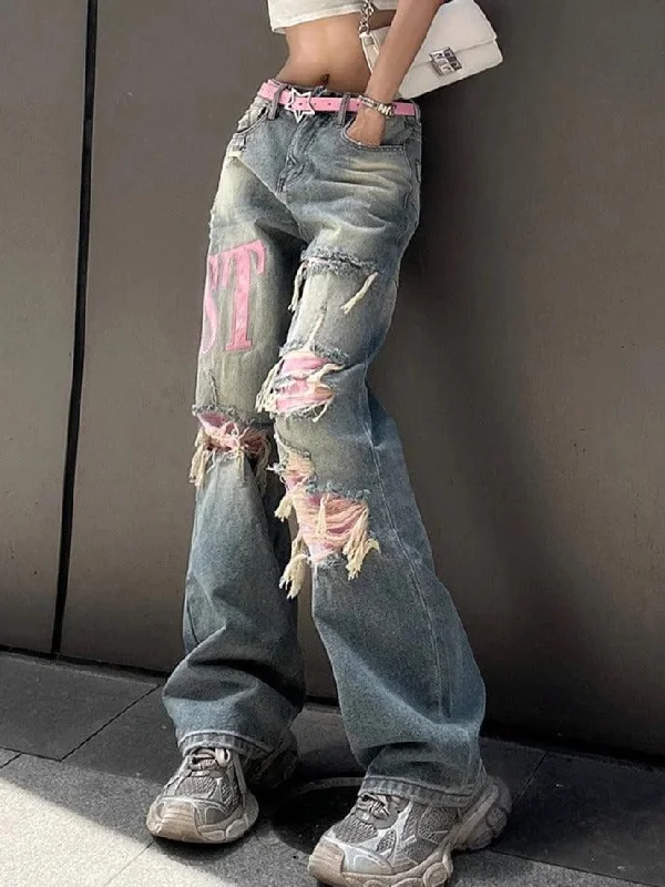 Casual Chic Looks Y2K Pink Ripped Embroidery Boyfriend Jeans
