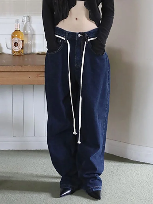 Relaxed Fit Wear Vintage Drawstring Washed Loose Straight-Leg Jeans