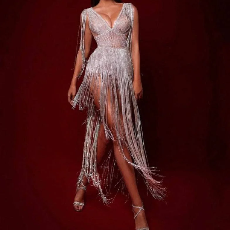 Simple Comfort Kisha V Neck Crystal Chain Tassel Midi Dress