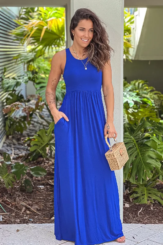 Versatile Style Royal Blue Maxi Dress with Pockets