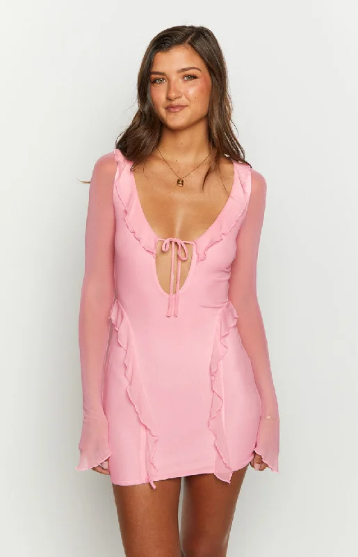 Trendy Layers Surround Sound Pink Mesh Long Sleeve Mini Dress