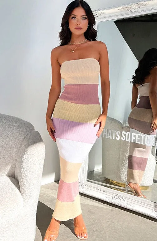 Comfortable Fashion Looks Linda Contrast Colors Strapless Knit Midi Dress