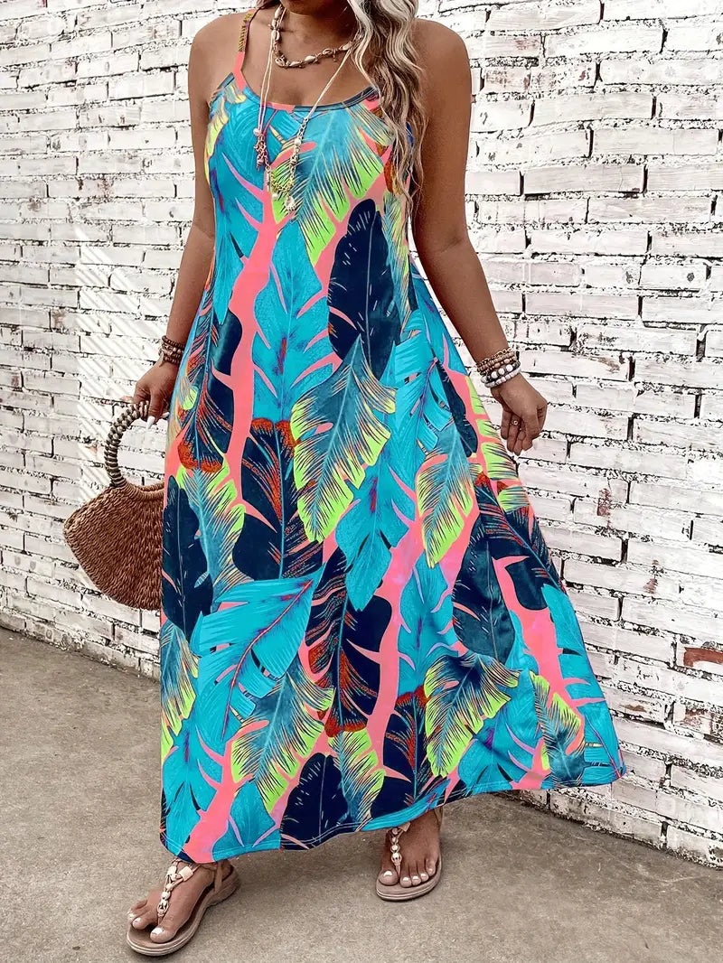 Comfortable Sweaters Jordan Plus Size Dress in Leaf Print Teal