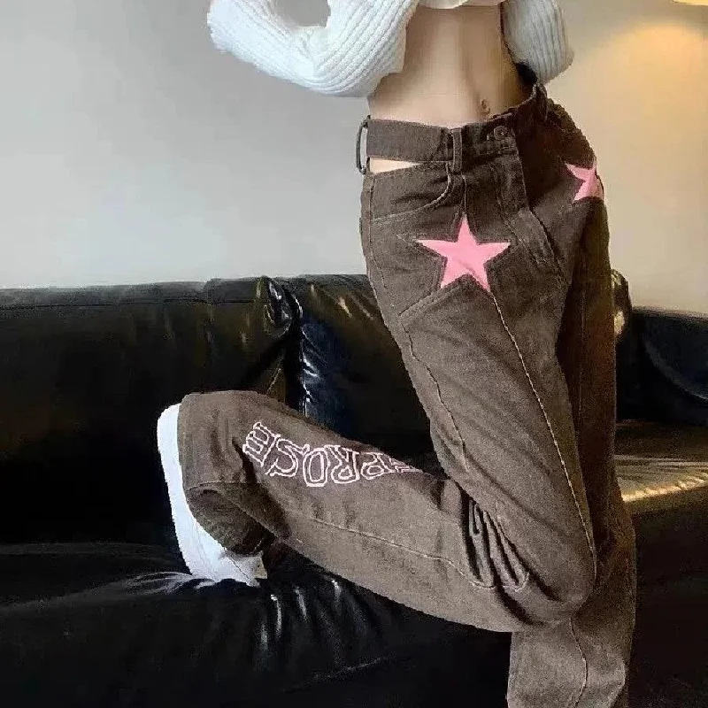 Relaxed Tops Women's Hollow-out Thin High-waist Star Jeans