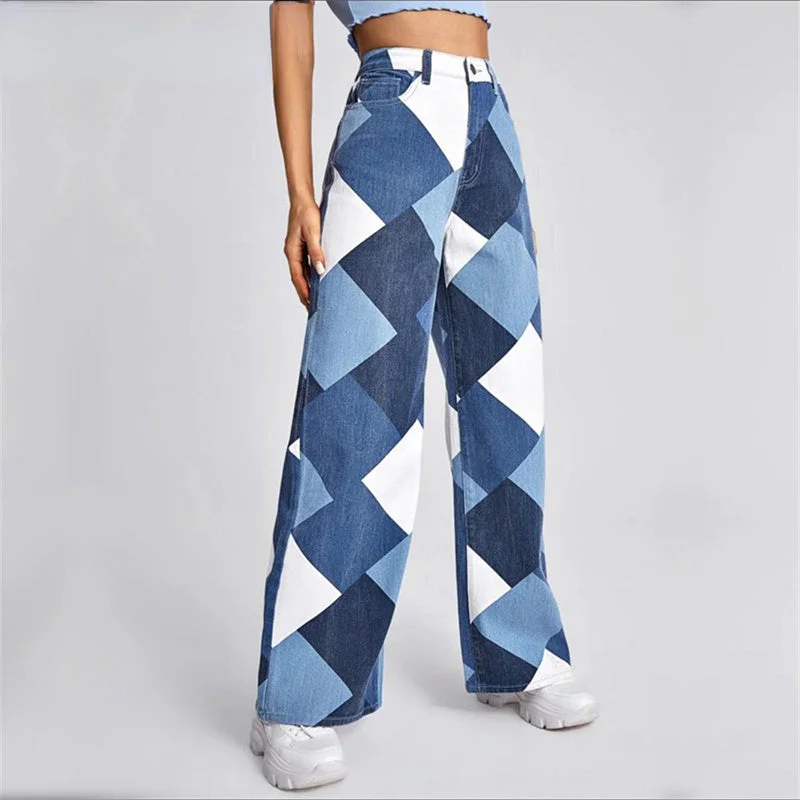 Elegant Casuals DressBetty - Stitching Box Contrast Color Casual High Waisted Big Straight Leg Printing Denim