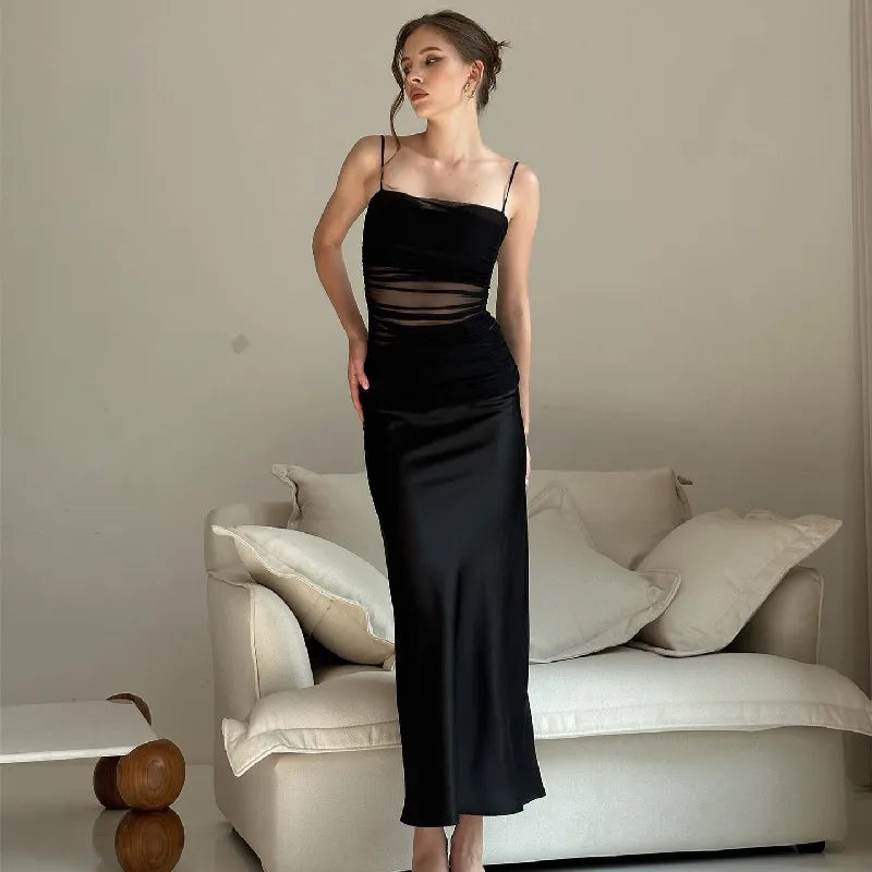 Warm Wear Light Cooked Wind Net Gauze Perspective Slim Chest Midi Dresses