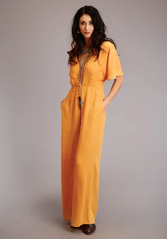 Simple Chic Stetson Womens Gold Polyester Crepe V-Neck S/S Jumper