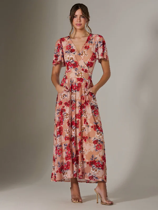 Classic Comfort Evelyn Angel Sleeve Mesh Maxi Dress, Red Floral