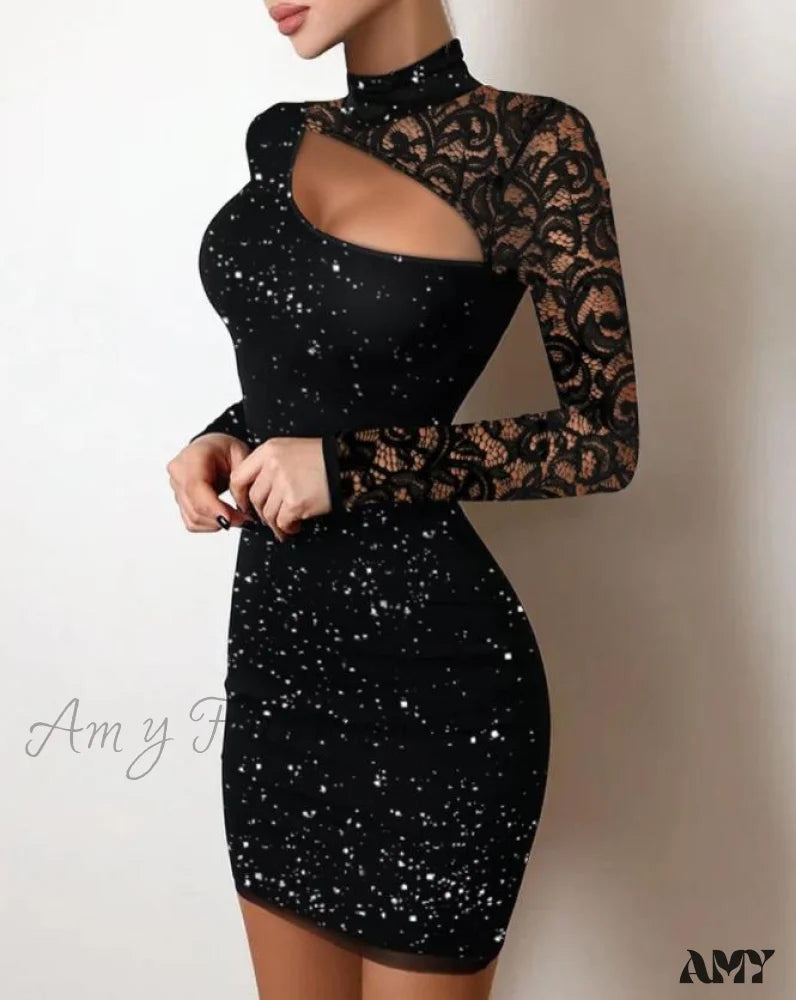 Modern Chic Amy Fashion - Glitter Contrast Lace Cutout Long Sleeve Bodycon Mini Dress Modern Chic Amy Fashion - Glitter Contrast Lace Cutout Long Sleeve Bodycon Mini Dress