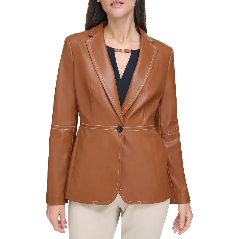 Cozy Fitting Tommy Hilfiger Womens Faux Leather Shoulder Pads One-Button Blazer