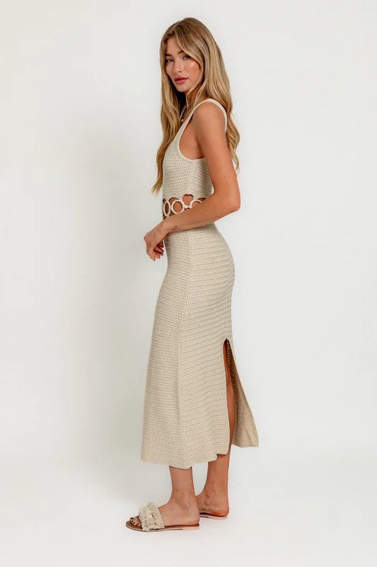 Relaxed Fashion SQUARE NECK SLEEVELESS CROCHET MIDI DRESS