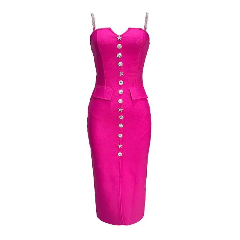 Comfortable Fitwear Darcy Hot Pink Tube with Silver Button Midi Dress