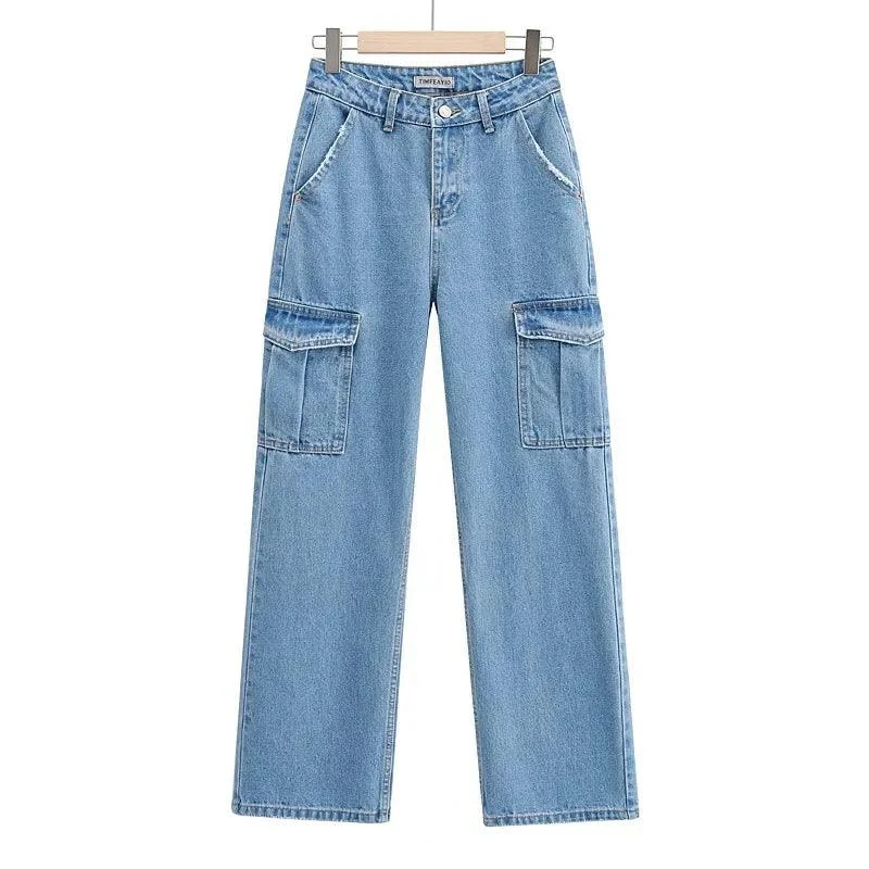 Relaxed Chic Washed Blue Pocket Decorated High Waist Wide-leg Jeans Women Casual Jeans Relaxed Chic Washed Blue Pocket Decorated High Waist Wide-leg Jeans Women Casual Jeans