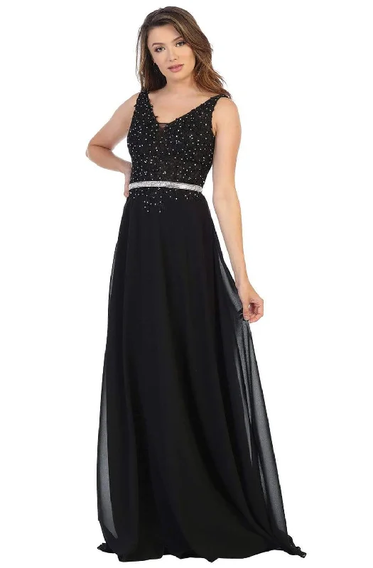 Stylish Casuals May Queen - MQ1701 Embroidered Plunging V-neck A-line Gown