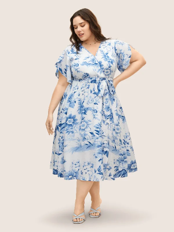 Cozy Chic Wear Floral Wrap Petal Sleeve Belted Dress
