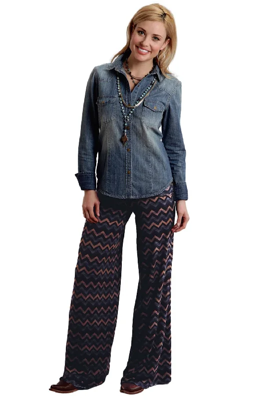 Comfortable Chic Stetson Ladies Brown Rayon Chevron Print Knit Pants