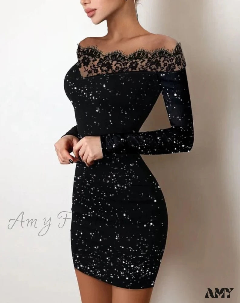 Warm Wear Amy Fashion - Off Shoulder Long Sleeve Contrast Lace Glitter Bodycon Mini Dress Warm Wear Amy Fashion - Off Shoulder Long Sleeve Contrast Lace Glitter Bodycon Mini Dress