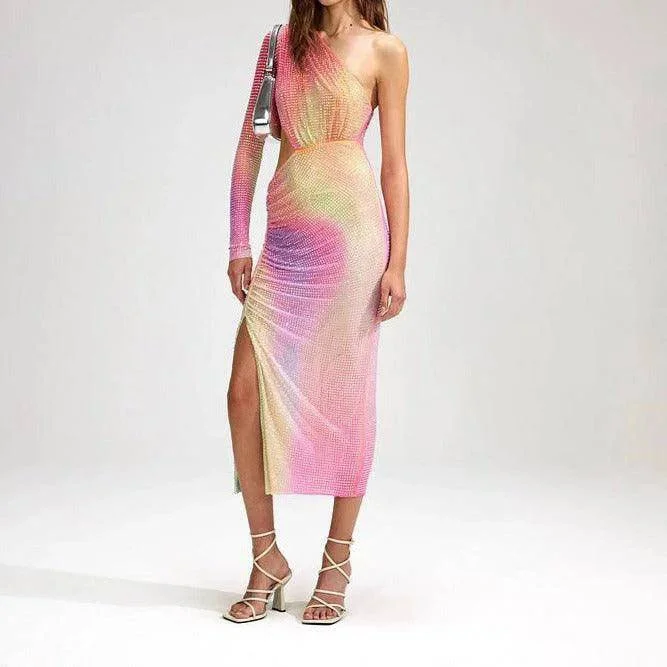 Cozy Chic Wear Glenda One Shoulder Cut Out Rainbow Midi Dress