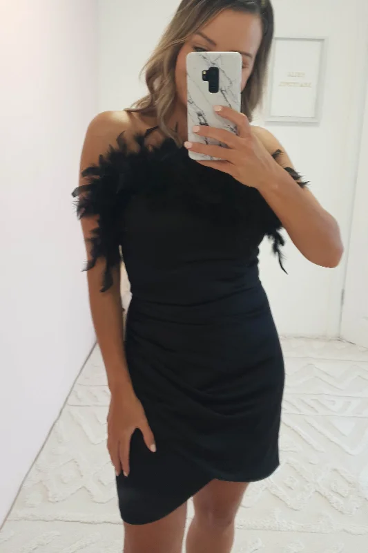 Cozy Knits Amaya Faux Feather Detail Mini Dress | Black