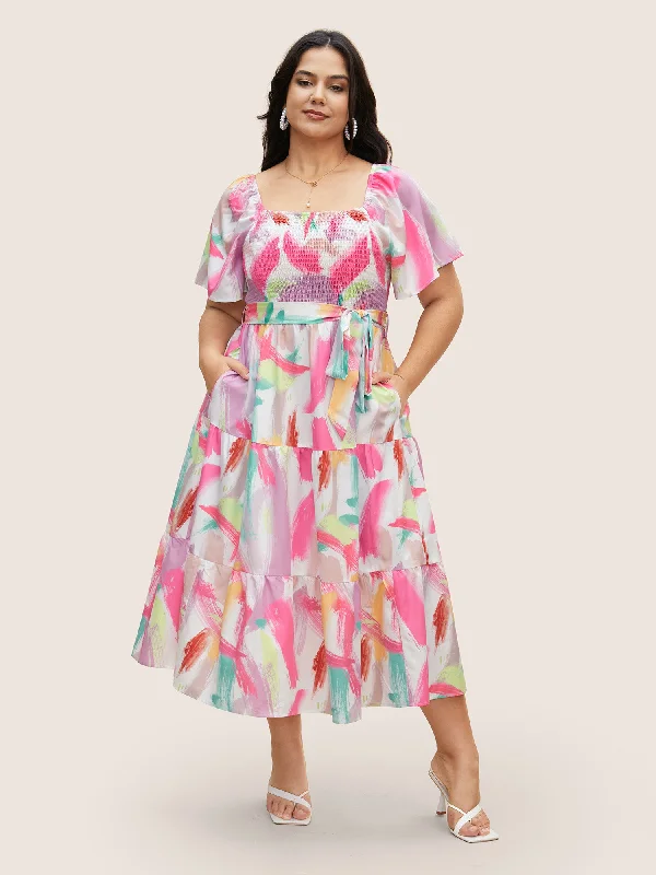 Comfortable Tops Brush Print Shirred Gathered Belted Dress