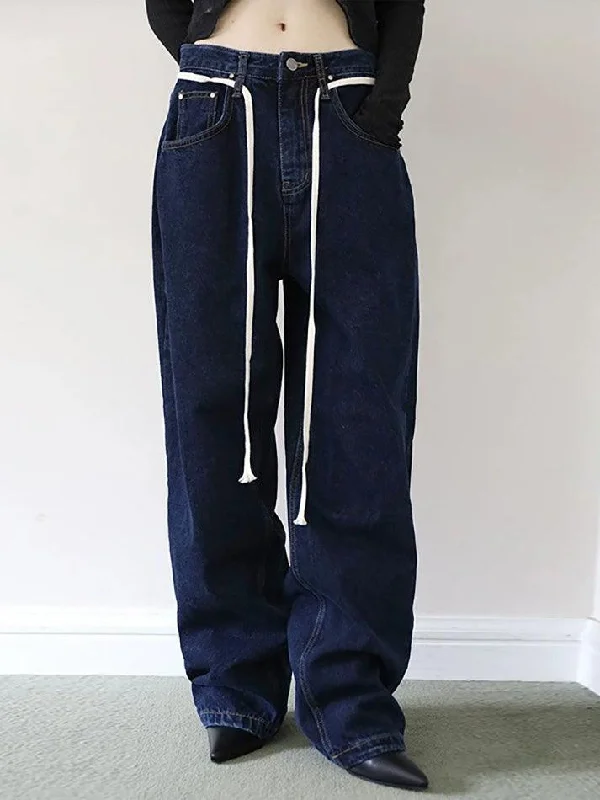 Cozy Fashions Vintage Solid Color Tie Loose Straight-Leg Jeans
