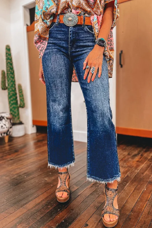 Cozy Fitting Sail Blue Mineral Wash Raw Hem High Waist Flared Jeans