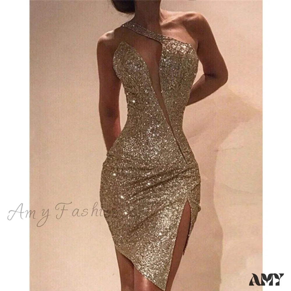 Relaxed Weekend Wear Amy Fashion - One Shoulder Cut Out Slit Bodycon Sequin Dress