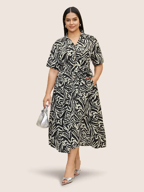 Relaxed Fashion Zebra Print Shirt Collar Belted Dress