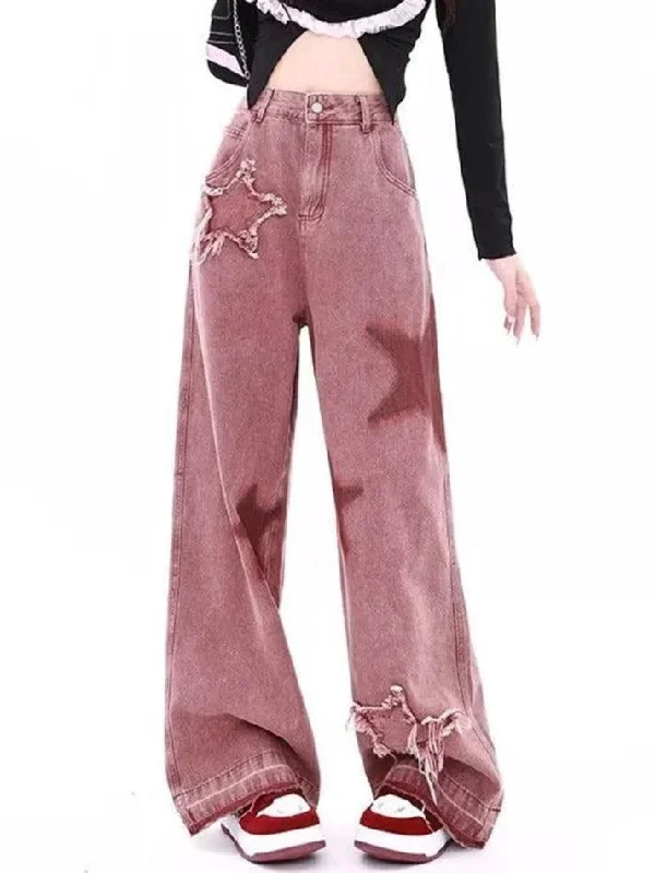 Comfortable Lounge Wear Vintage Star Print Embroidery Boyfriend Jeans