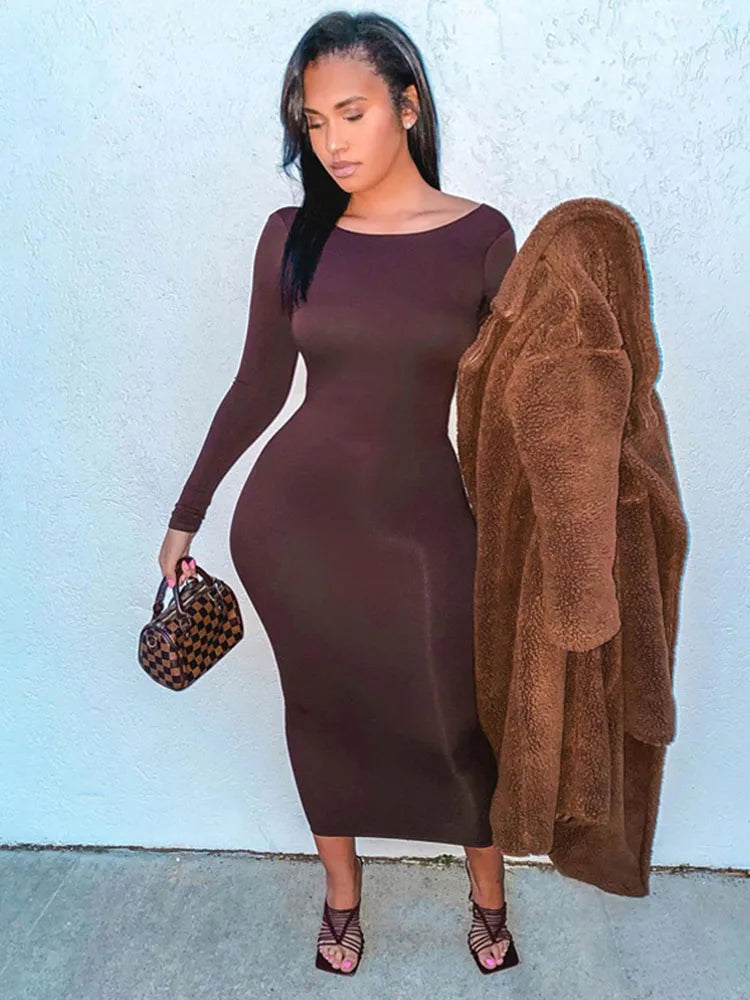 Chic Comfort Wear Spring Sexy Backless  Elegant Evening Club Birthday Brown Long Midi Dresses