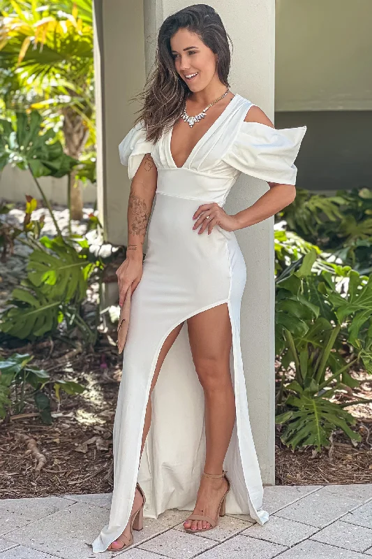Soft Trends Ivory Open Shoulder Maxi Dress With Slit