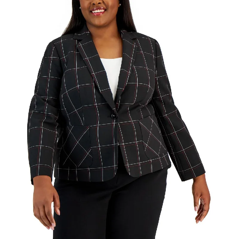 Light Layers Kasper Womens Plus Plaid Office One-Button Blazer