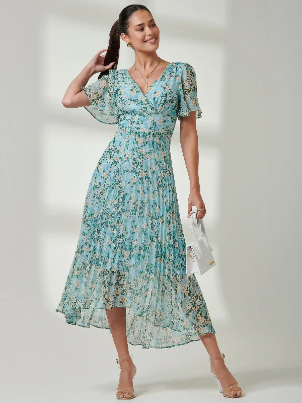 Cozy Fitting Pleated Dip Hem Chiffon Midaxi Dress, Green Multi