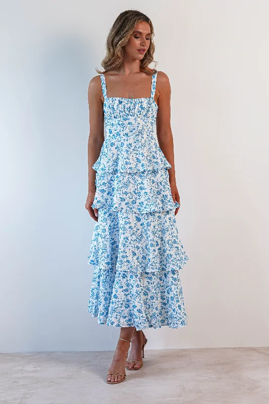 Comfy Layers Emily Floral Ruffle Maxi Dress | Blue/White