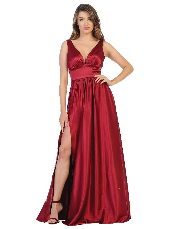 All-Day Style May Queen - MQ1723 Plunging V-Neck Empire High Slit Dress