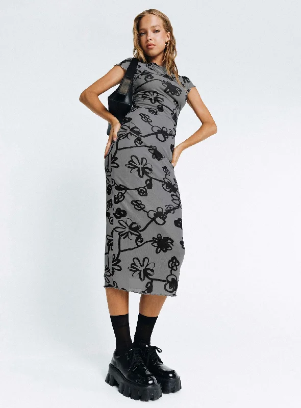 Cozy Lounge Wear Maruza Midi Dress Grey Floral