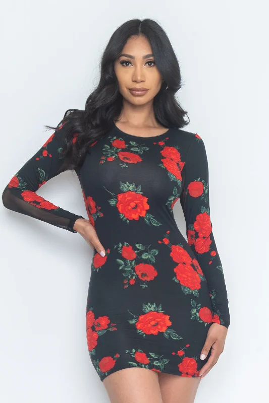Fashionable Comfort Floral Print Sheer Mesh Long Sleeve Round Neck Mini Dress In Black* (JD34112LP) Fashionable Comfort Floral Print Sheer Mesh Long Sleeve Round Neck Mini Dress In Black* (JD34112LP)