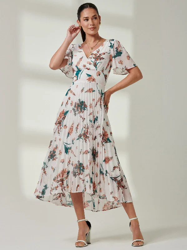 Trendy Comfort Wear Pleated Dip Hem Chiffon Maxi Dress, Beige Floral