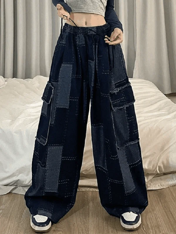 Elegant Fit Vintage Blue Checkered Baggy Cargo Jeans