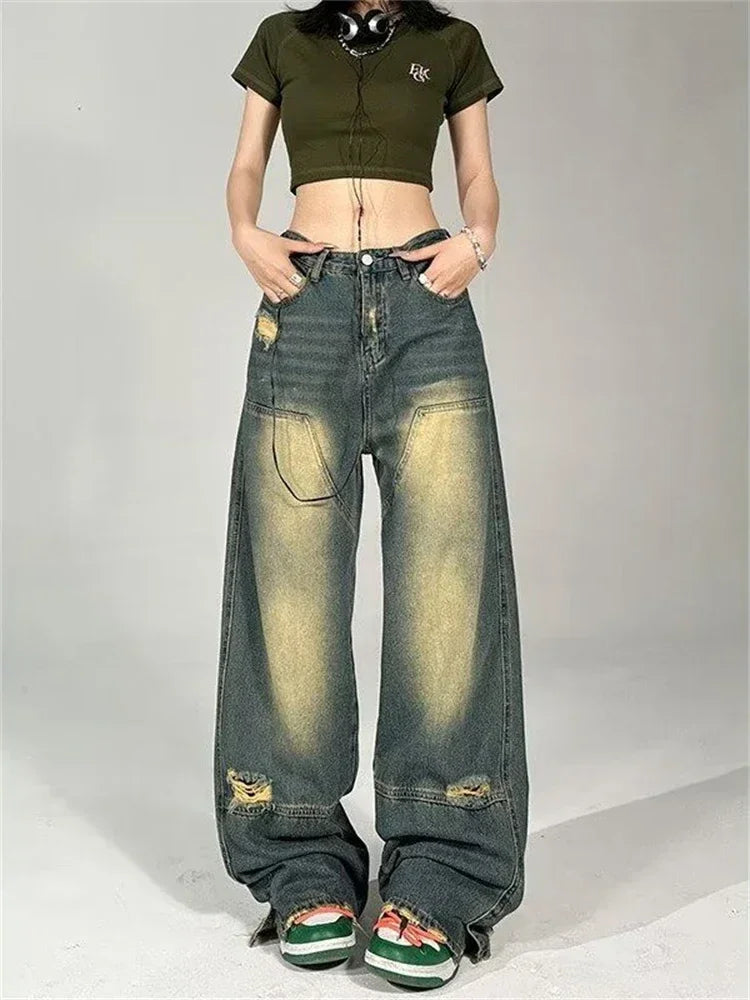 Relaxed Fits Broken Vintage Neutral Thin Straight Denim Street Jeans