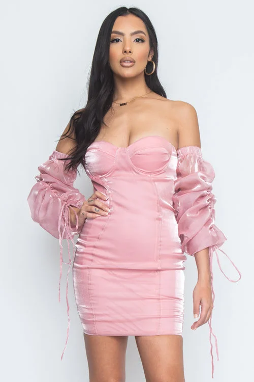 Cozy Essentials Wear Off The Shoulder 3/4 Puff Ruched Sleeve Mini Dress In Pink (DR1790) Cozy Essentials Wear Off The Shoulder 3/4 Puff Ruched Sleeve Mini Dress In Pink (DR1790)