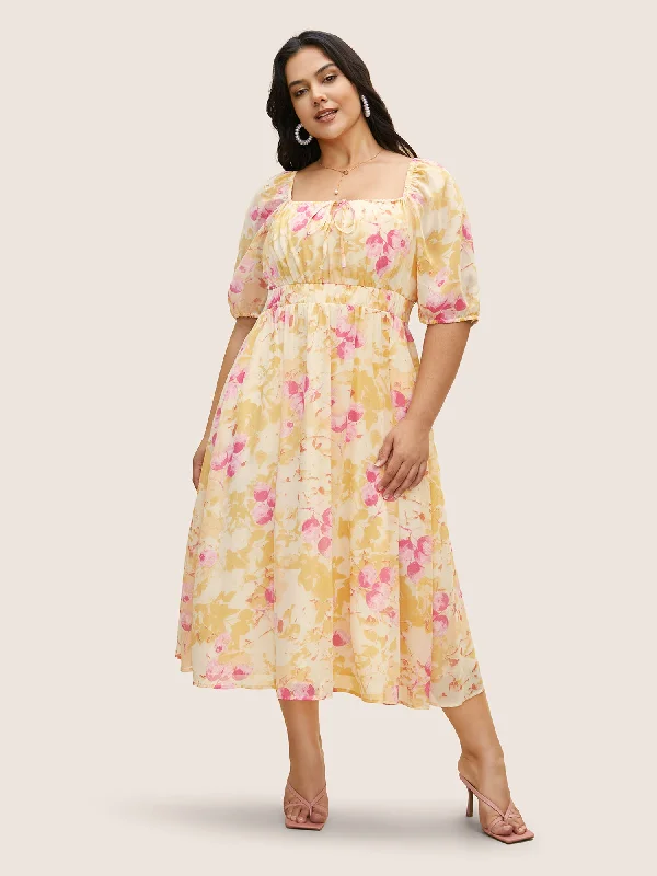 Casual Ease Watercolor Floral Cross Straps Gathered Dress